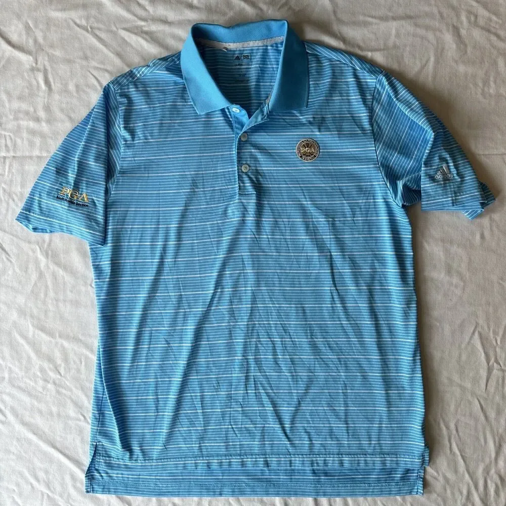 Adidas Golf Polo Men's Large PGA Embroidered Blue Strip‎ Short Sleeve Shirt